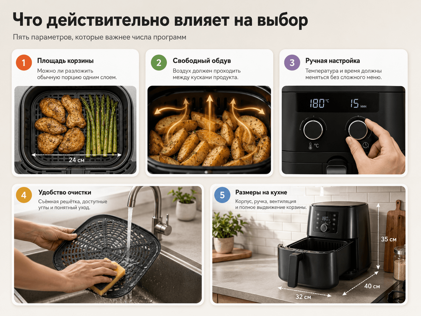 Схема ключевых параметров аэрогриля: площадь дна корзины, свободный обдув, ручная регулировка, очистка и размеры корпуса