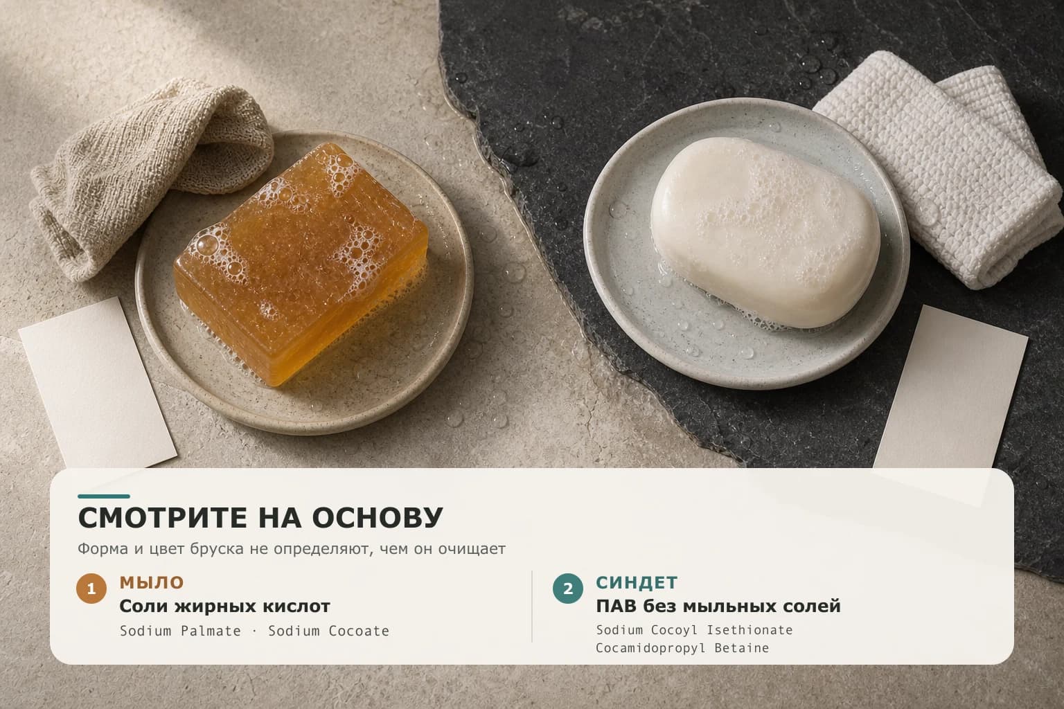 Два очищающих бруска на каменной поверхности с примерами мыльных солей и синдетных ПАВ