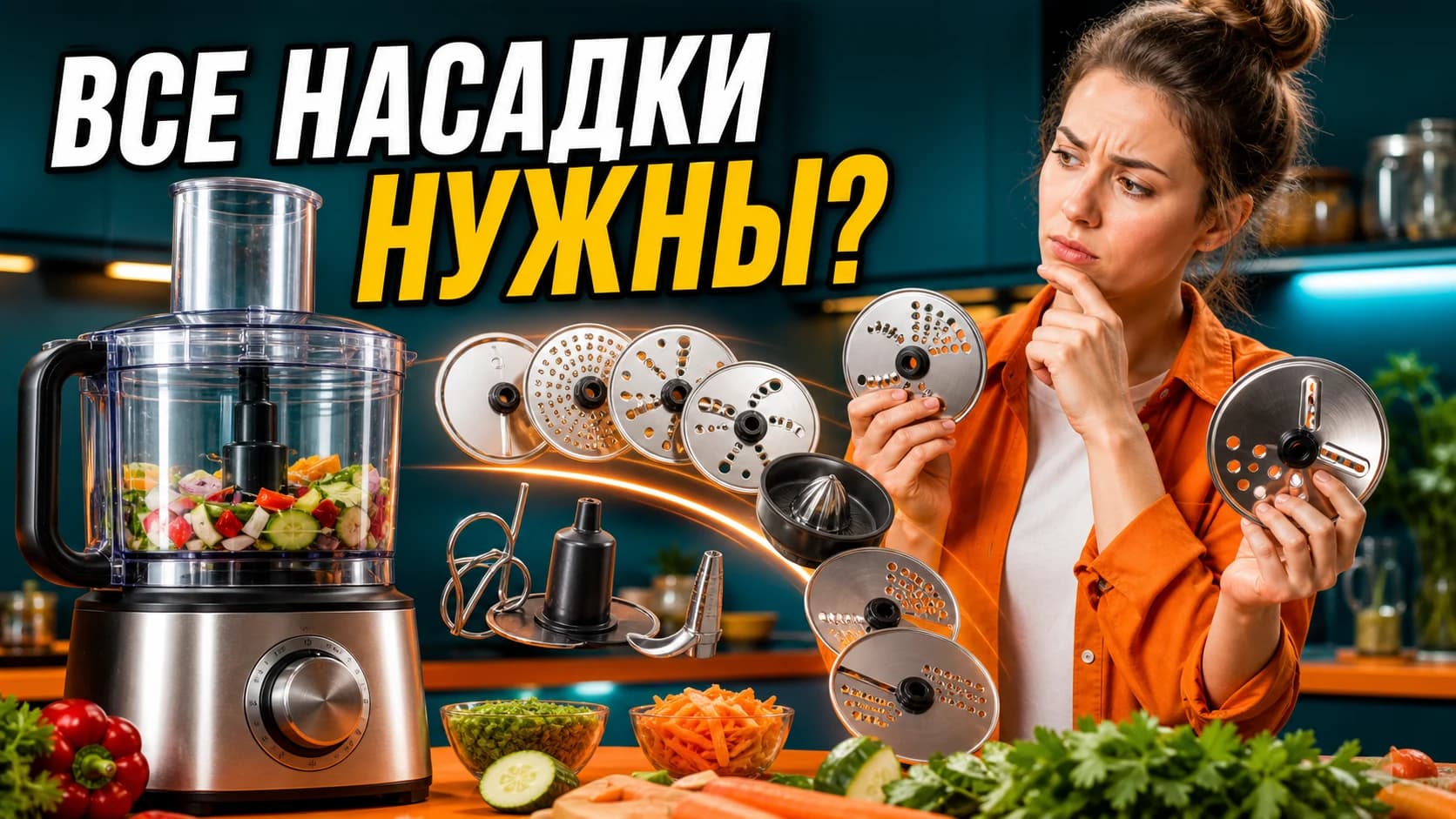 Женщина выбирает нужные насадки кухонного комбайна