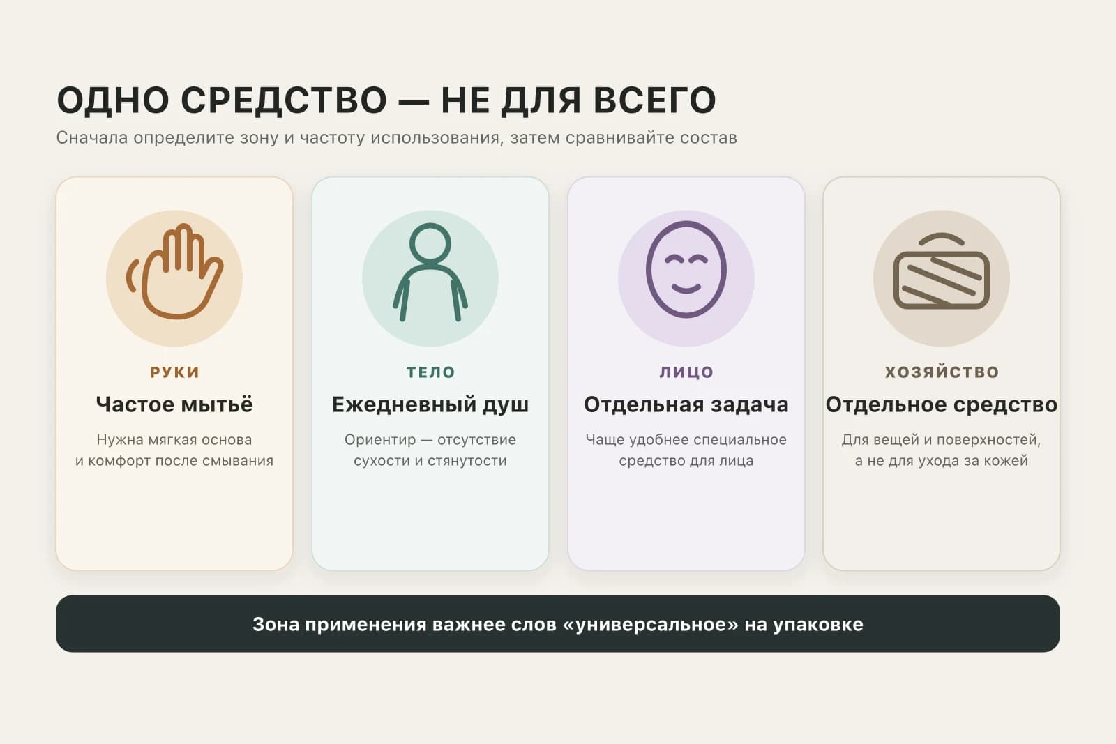 Четыре сценария выбора очищающего средства: для рук, тела, лица и хозяйственных задач