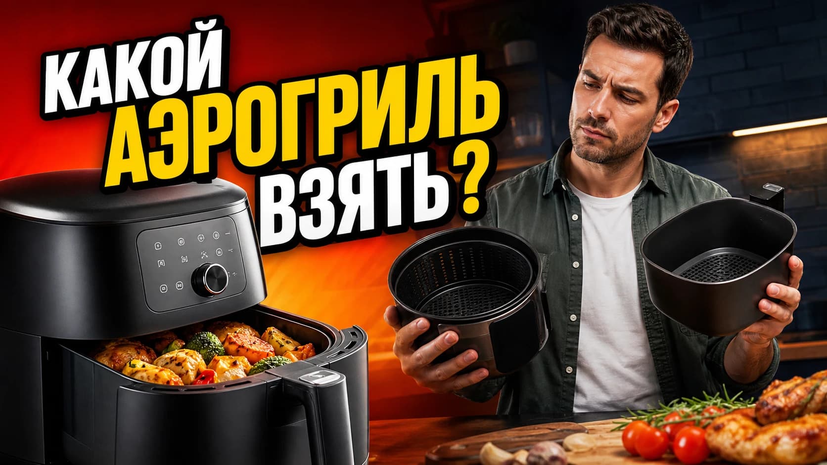 Мужчина сравнивает две корзины рядом с открытым аэрогрилем