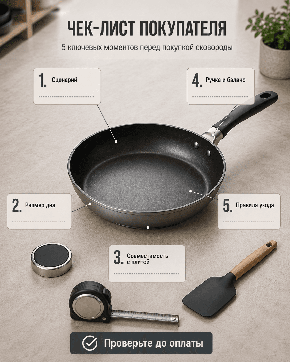 Сковорода на столе с визуальными маркерами проверки дна, ручки, покрытия, размера и совместимости с плитой