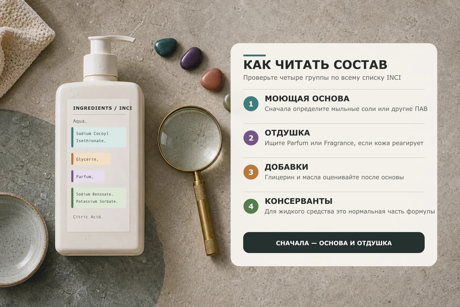 Флакон очищающего средства с выделенными группами состава: моющая основа, глицерин, отдушка и консерванты