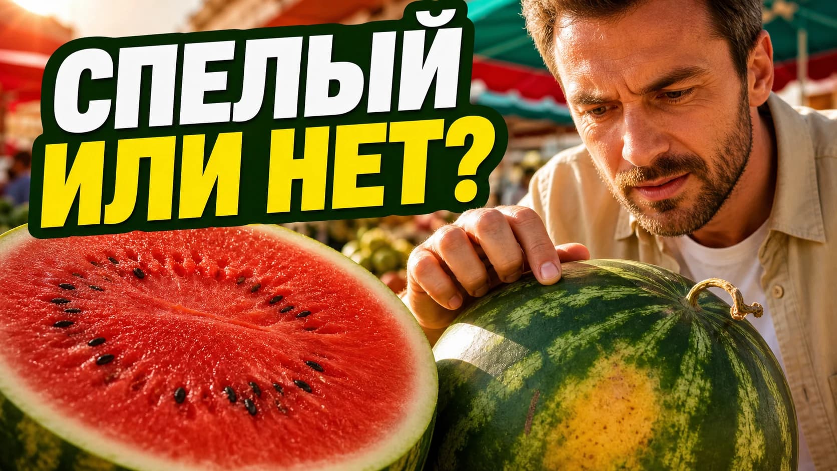 Покупатель проверяет спелость арбуза на рынке