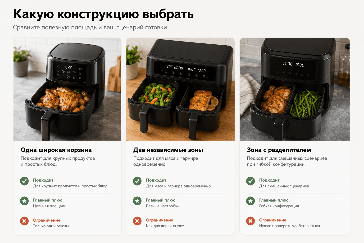 Сравнение трёх конструкций аэрогриля: одной широкой корзины, двух независимых корзин и большой зоны со съёмным разделителем