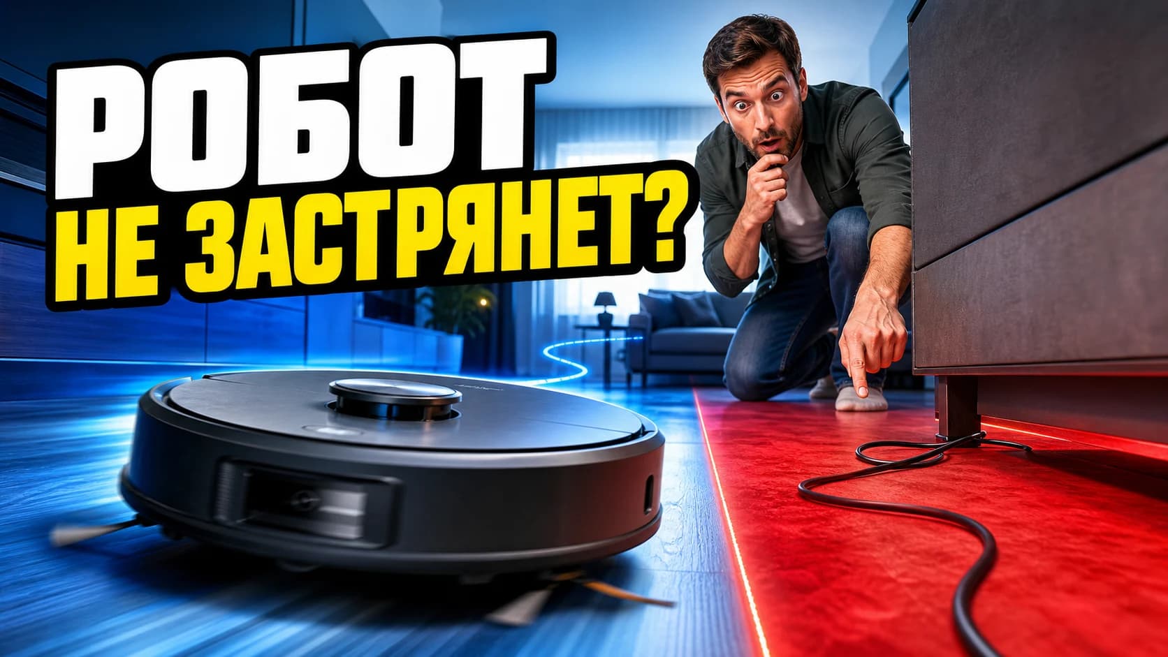 Робот-пылесос приближается к кабелю под мебелью