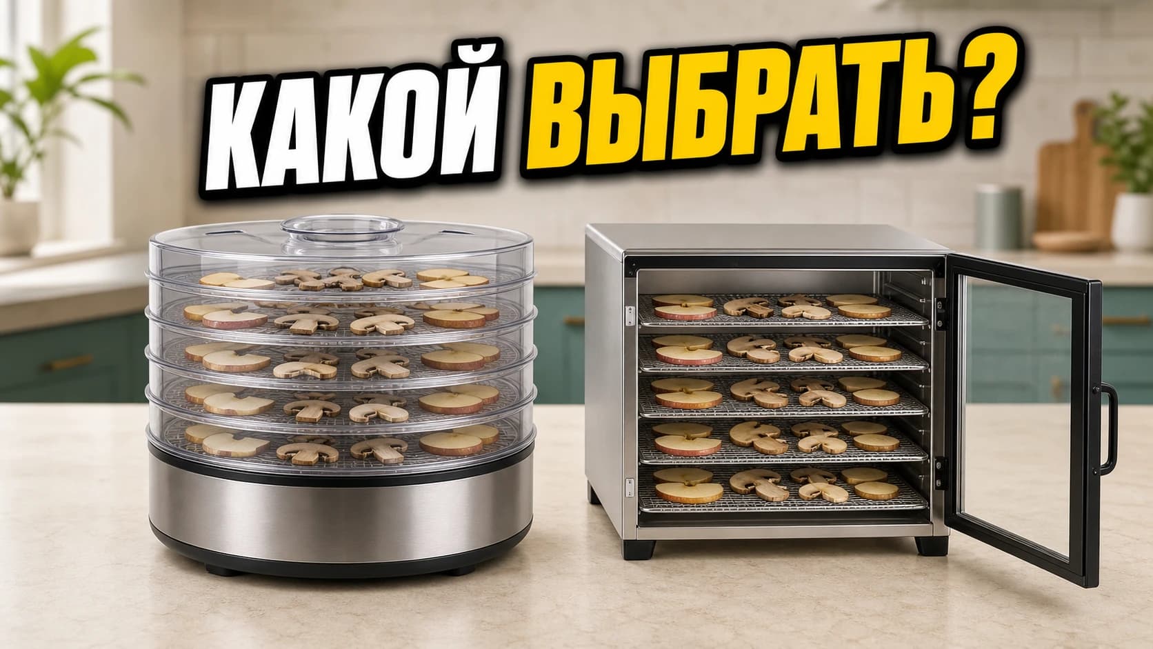 Шкафной и вертикальный дегидраторы с лотками сушёных фруктов на кухонной столешнице