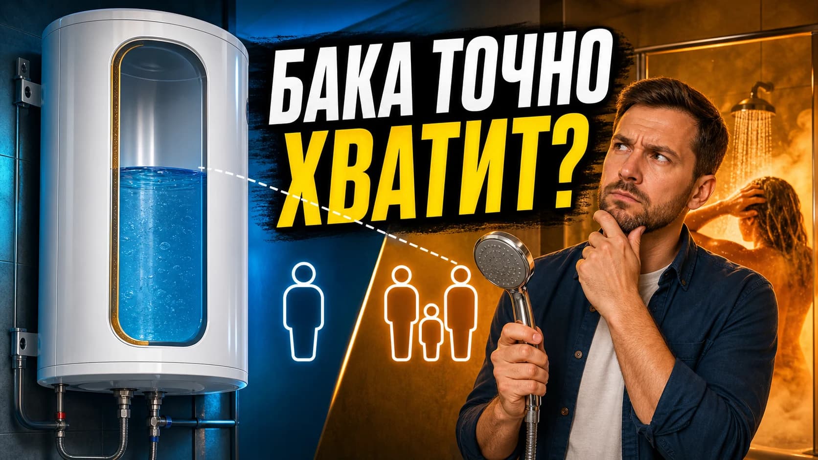 Мужчина оценивает объём бака электрического водонагревателя