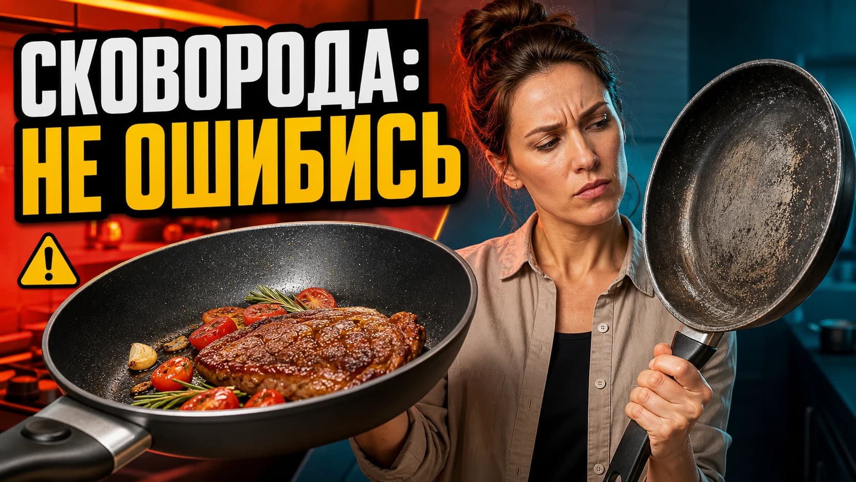 Женщина сравнивает новую и изношенную сковороды