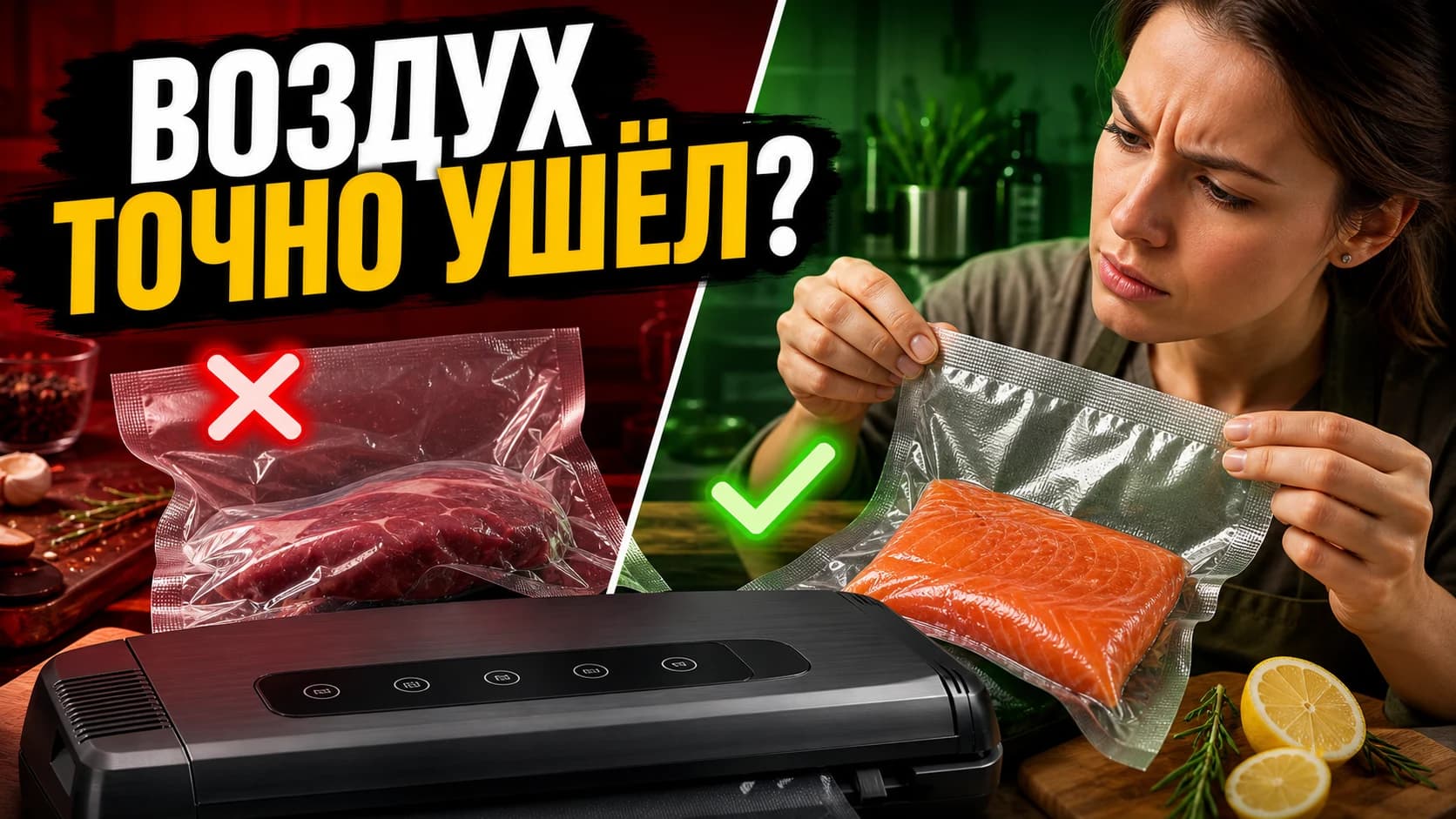 Женщина проверяет плотность вакуумной упаковки продуктов